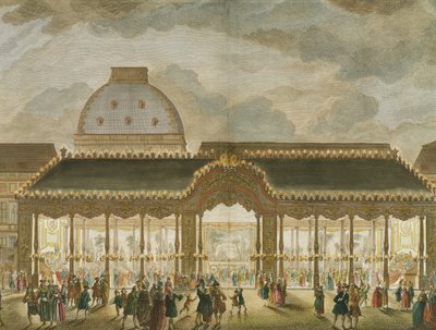 Vista en perspectiva de la Sala del Carrusel, construida con motivo del matrimonio de Monseigneur Le Dauphin (detalle), grabado por Oubrier (grabado en color) de French School